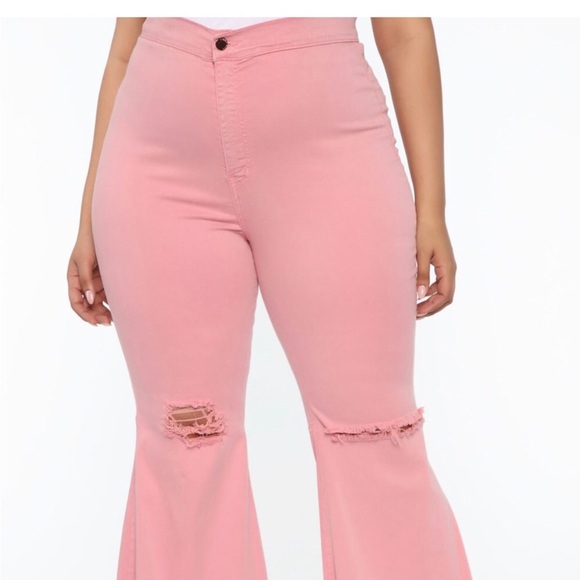 Fashion Nova Pink Flare Jeans Plus size 2X Distressed Extreme Bell Bottom NWT - Picture 10 of 11